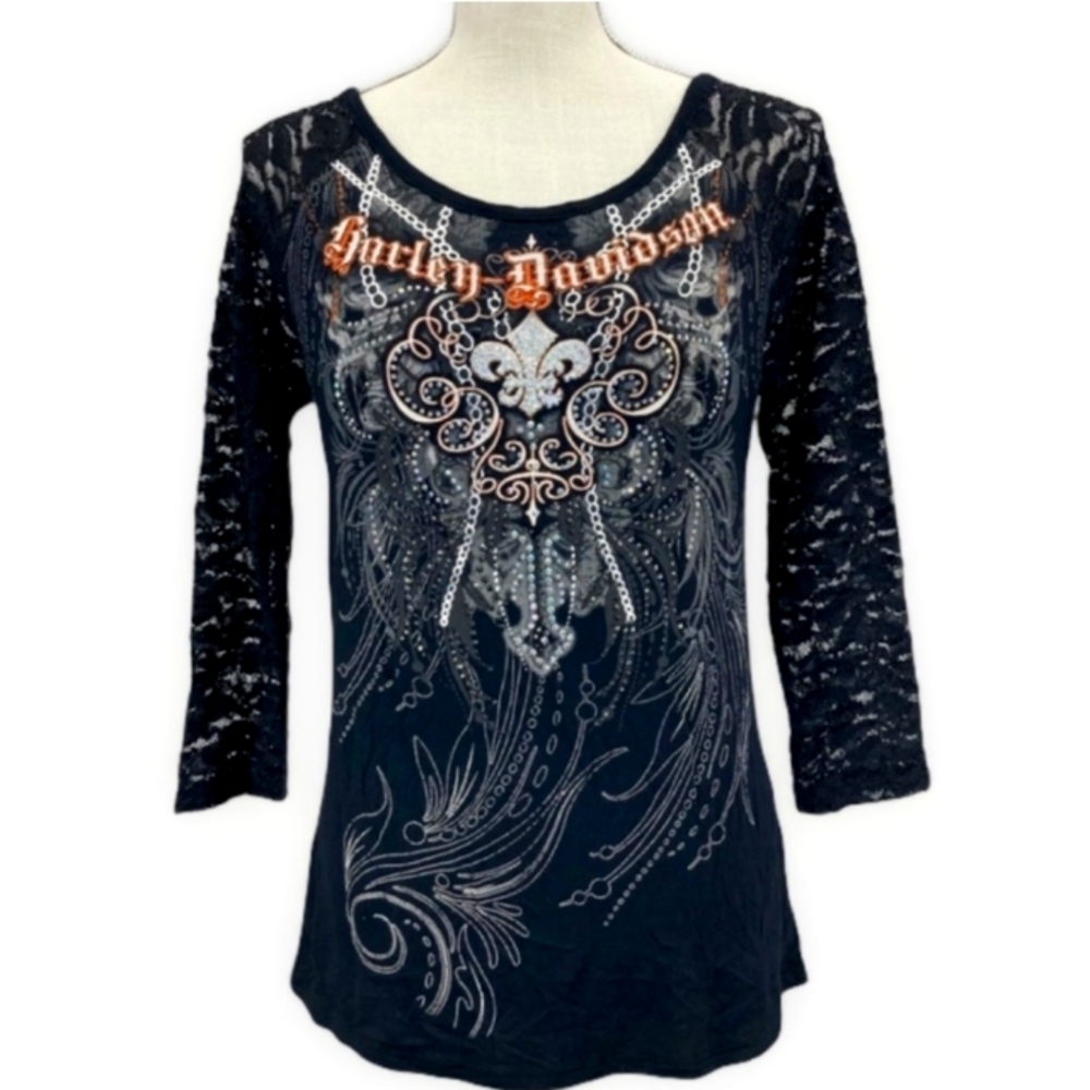 Harley Davidson Goth Rocker Graphic Deep-V Silver Chains Long Sleeve Tee Sz XL